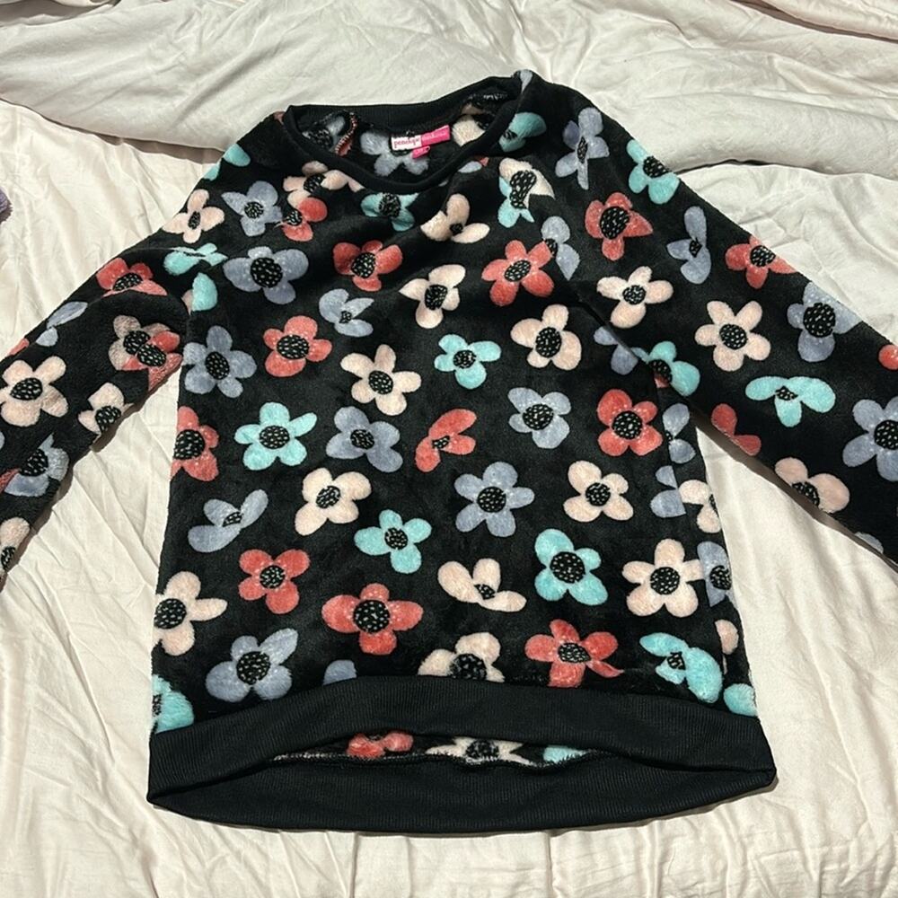 Penelope Mack 12 black velour sweatshirt groovy flower print nwot hi low hemline